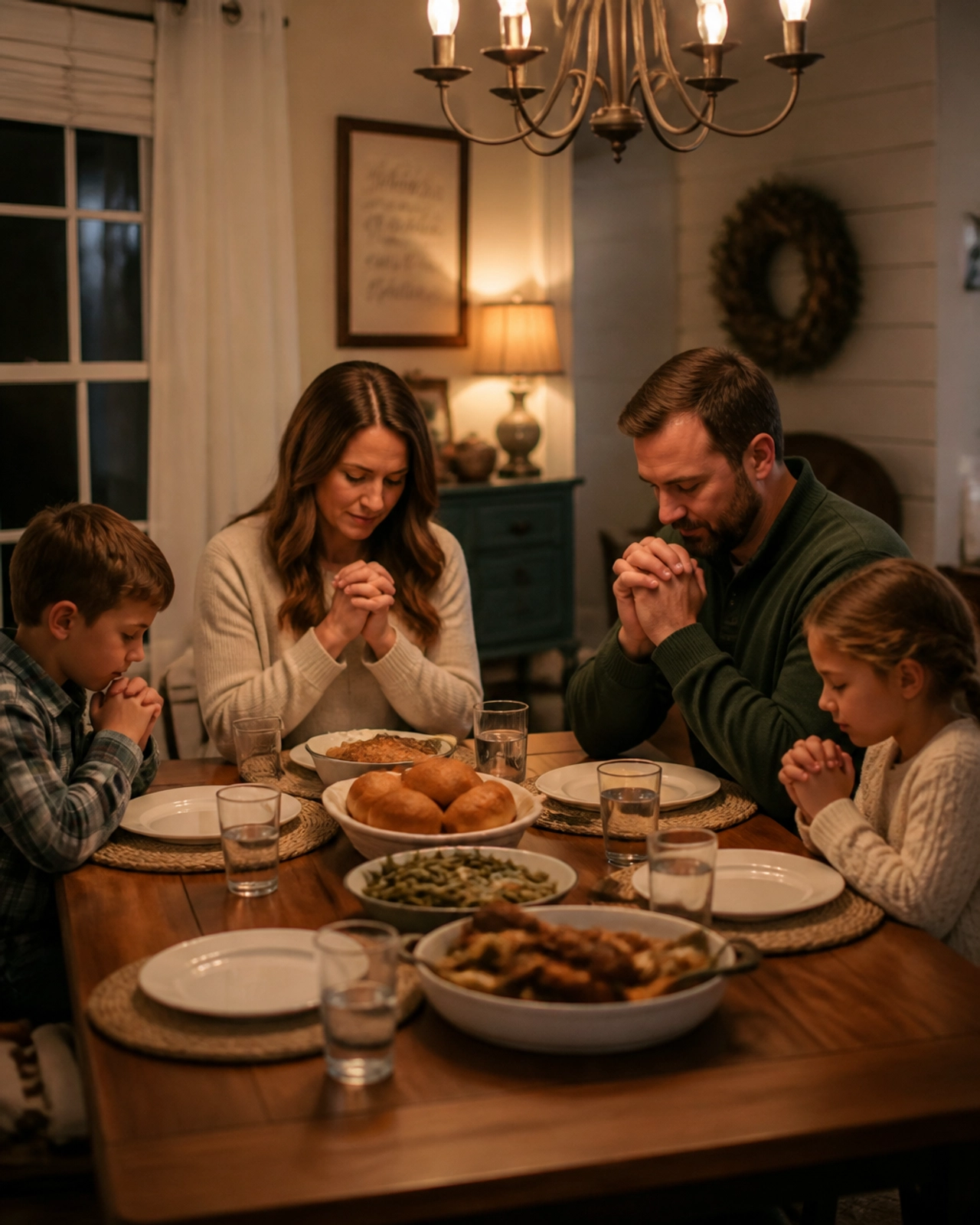 A traditional Christian family enjoying a meal together, showing the fruit of a balanced life.