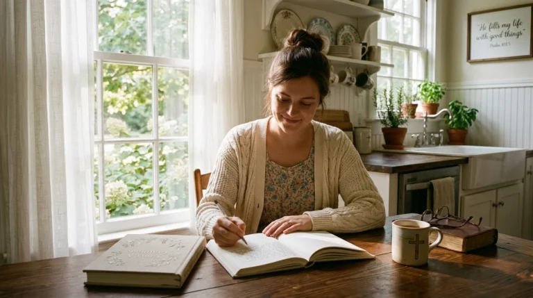 A woman sits at a wooden table in a bright kitchen, writing in a notebook. She wears a cardigan and floral dress. Sunlight streams through large windows. A mug and an open book are on the table beside her.