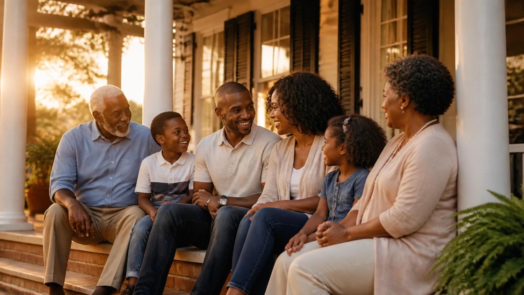 A multi-generational family laughing together on a Southern porch