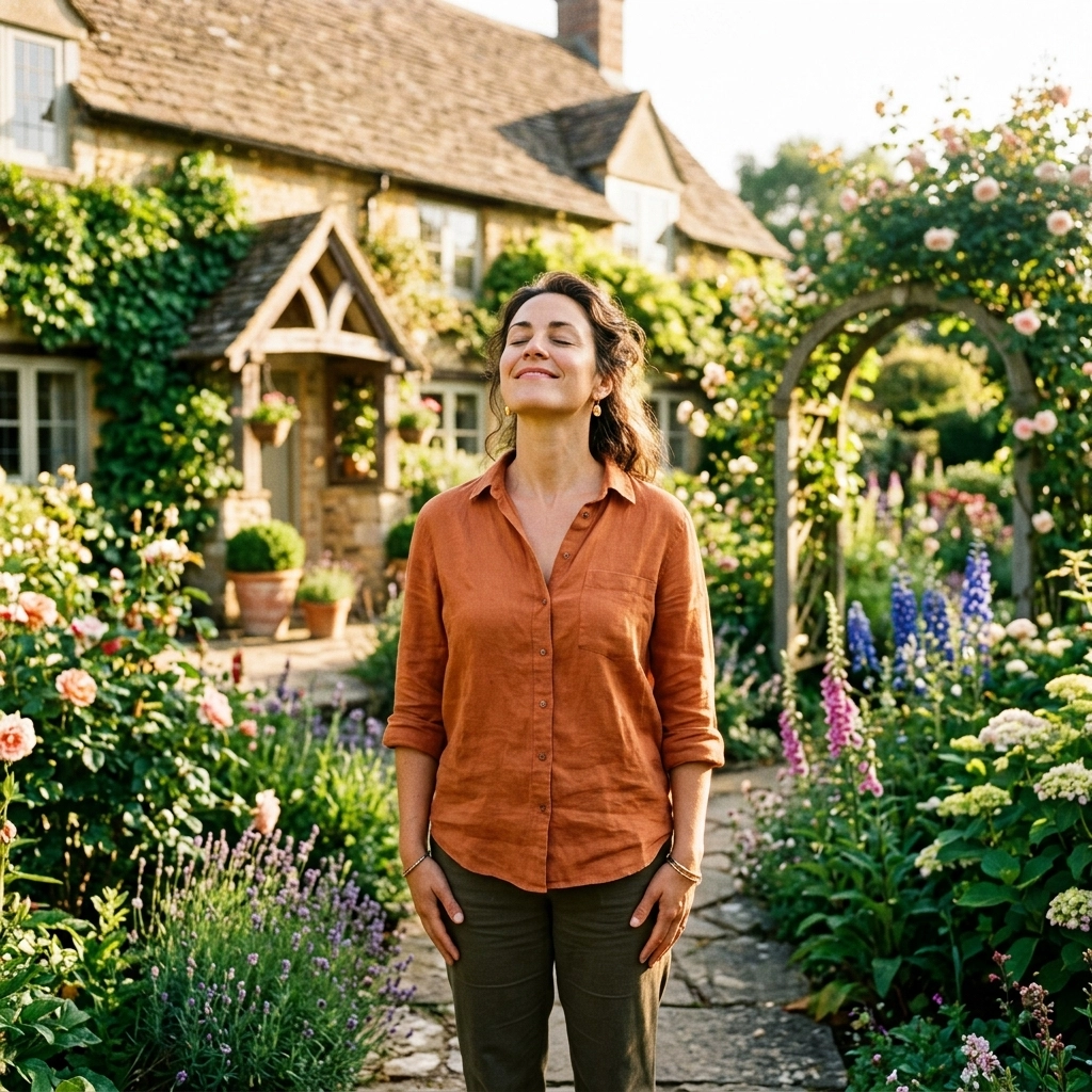 A woman standing in a garden taking a deep breath