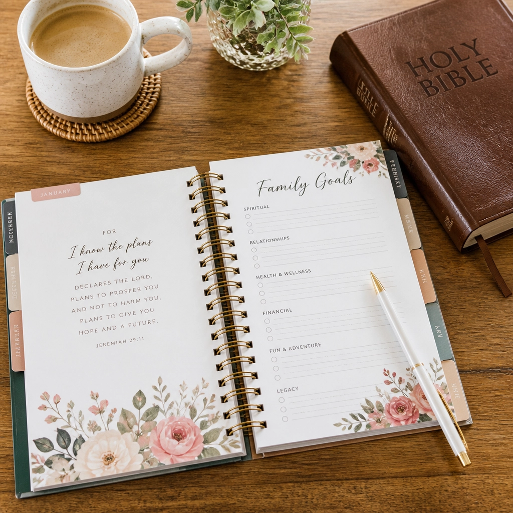 A flat lay of a floral daily planner and a Bible