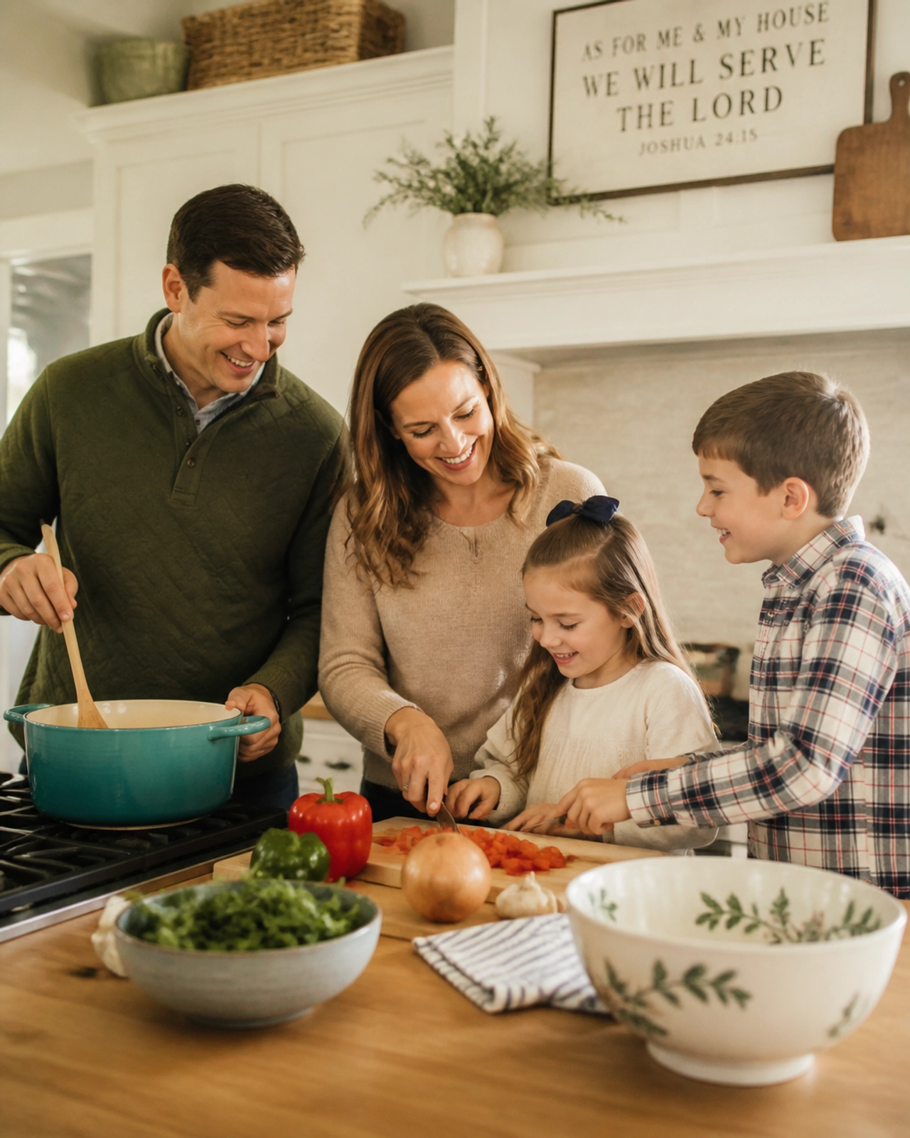 A traditional Christian family happily preparing a meal together in a cozy, bright Southern kitchen.