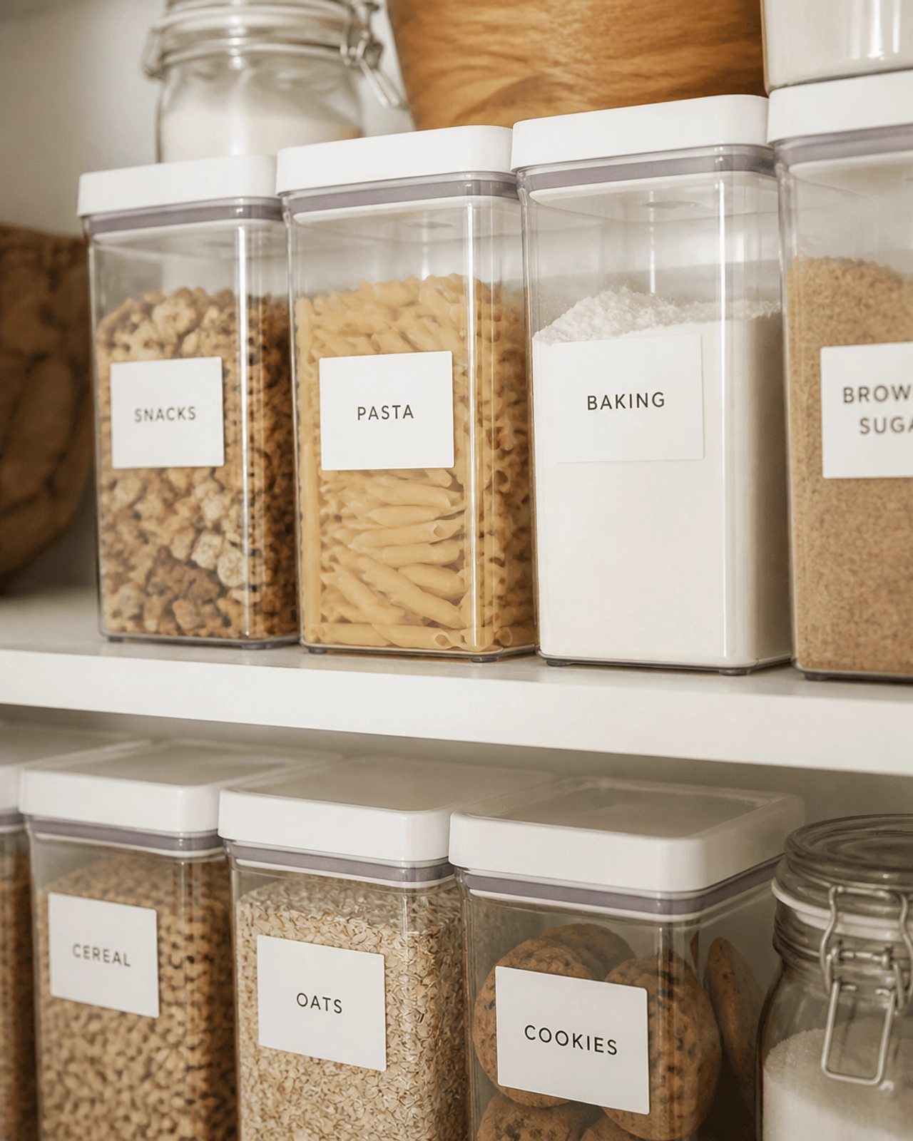 A close-up of a kitchen pantry with clear containers and bold, simple labels like 'SNACKS' and 'PASTA'.