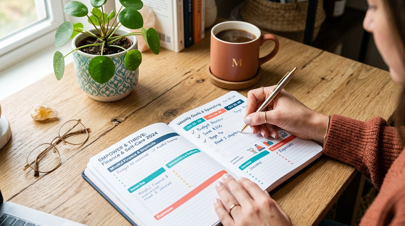 A close-up of an organized desk with a finance and self-care planner and coffee