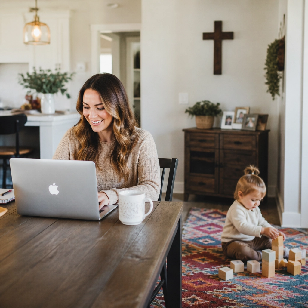 A young woman working happily on a laptop at a kitchen table while her toddler plays with blocks on a colorful rug nearby.