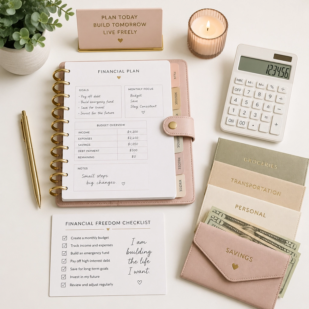 A clean, organized flat lay showing a planner and financial tools like a calculator and cash envelopes.