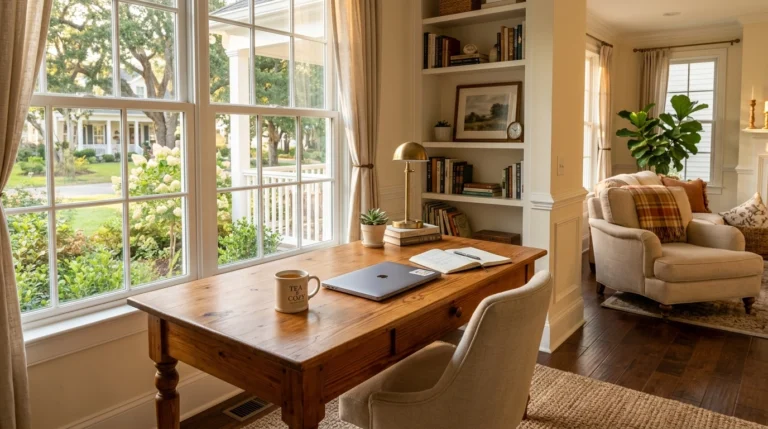A cozy home office with a wooden desk, laptop, mug, books, and plant by a large window. Nearby, an armchair with a plaid pillow sits next to built-in shelves and a leafy plant.