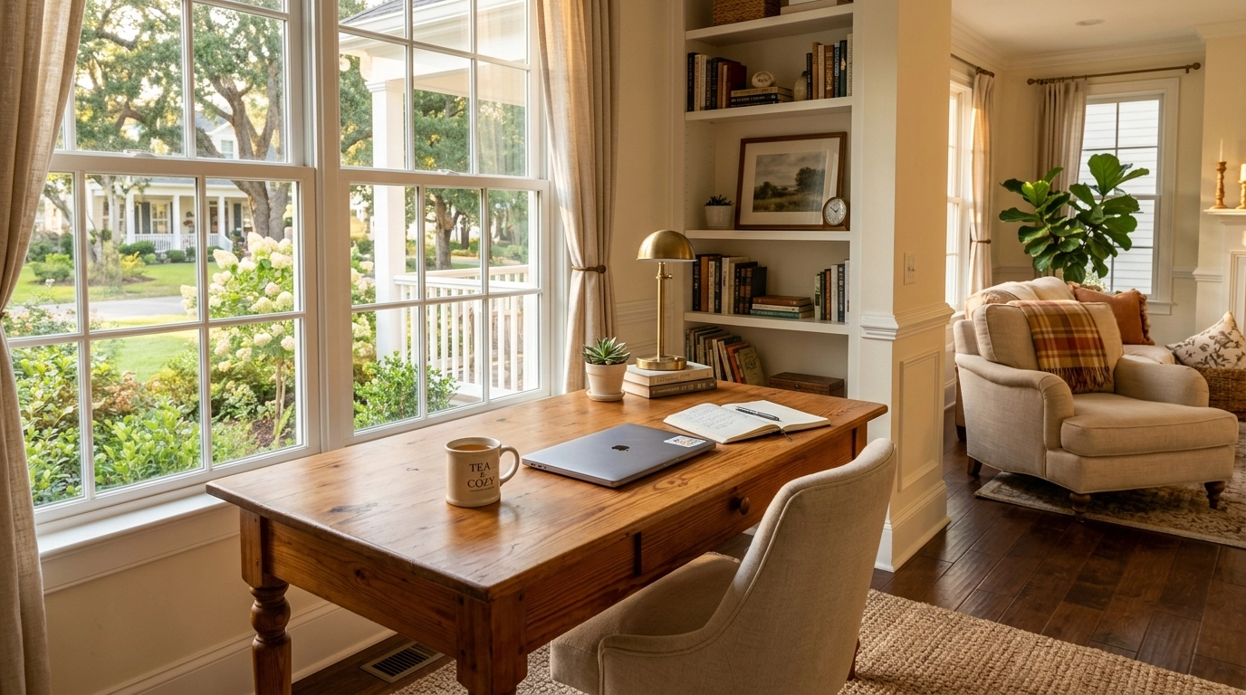 A cozy and bright home office space in a Southern-style home, transitioning from work to rest.