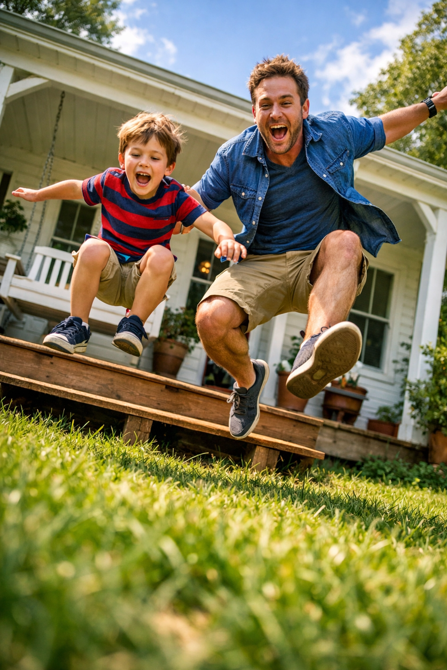 Father and son jumping in the yard during a Pomodoro break to recharge and learn how to be more productive.
