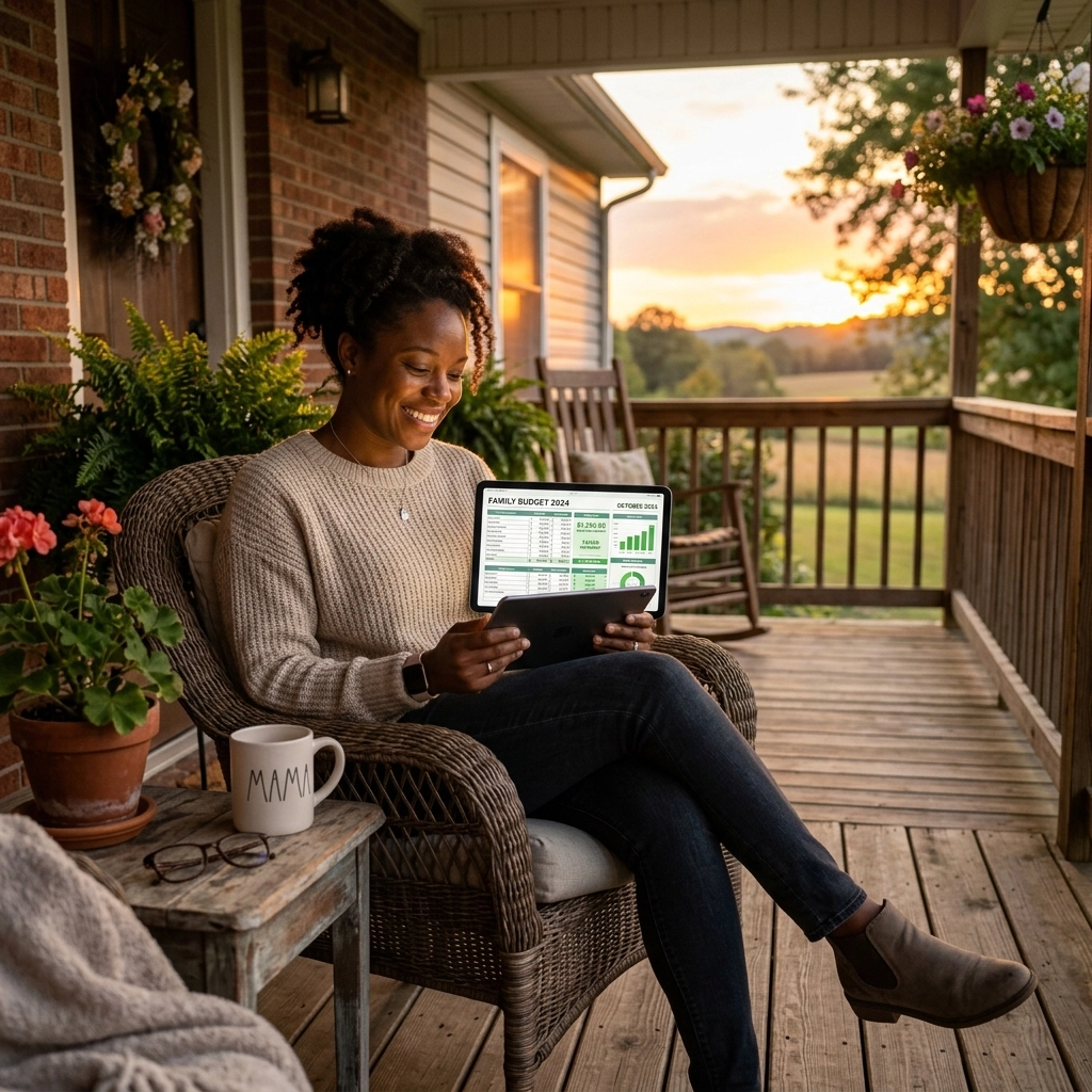 A single mother smiling on her porch, looking at a budget tablet