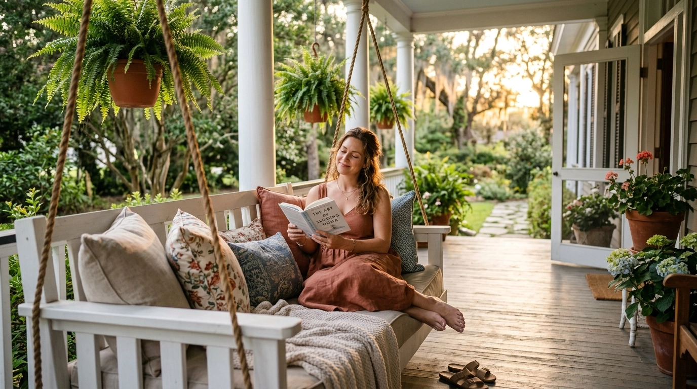 Woman relaxing on a porch swing