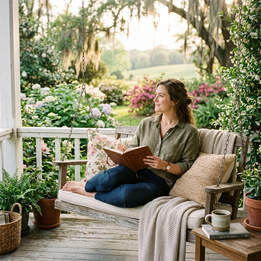 A woman taking a peaceful moment for self-care and journaling.