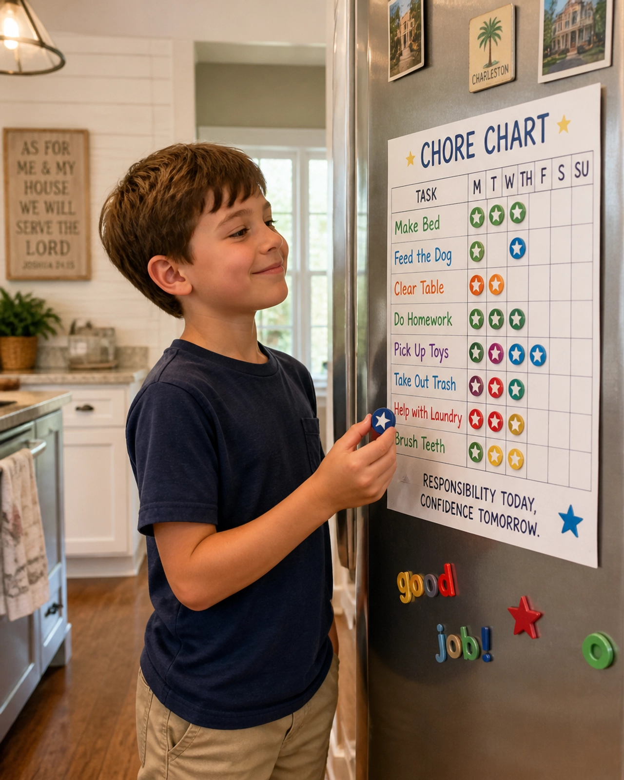 A child feeling empowered by checking off his chore chart