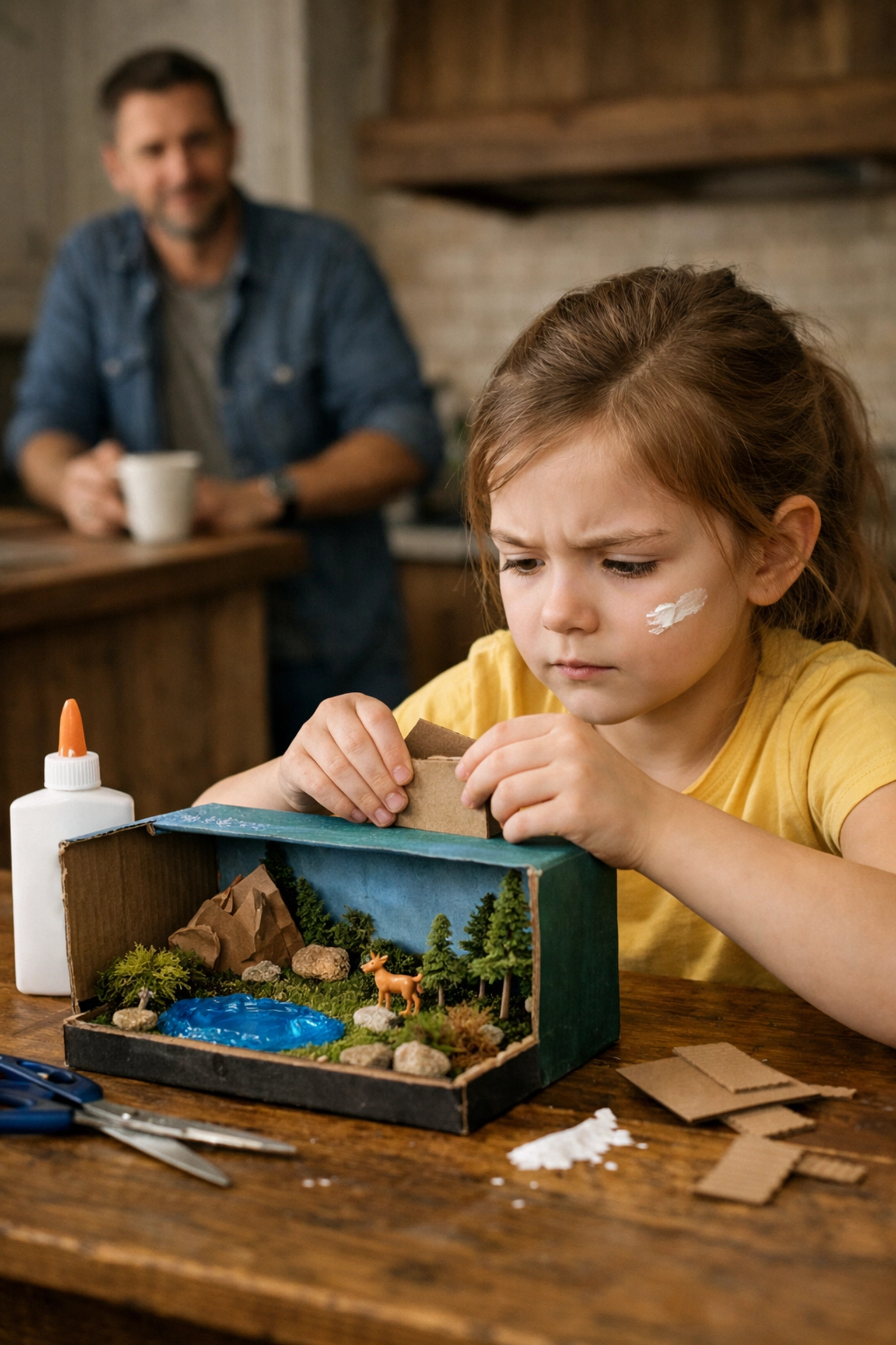 Young girl solving a school project challenge, an example of intentional parenting for resilience.