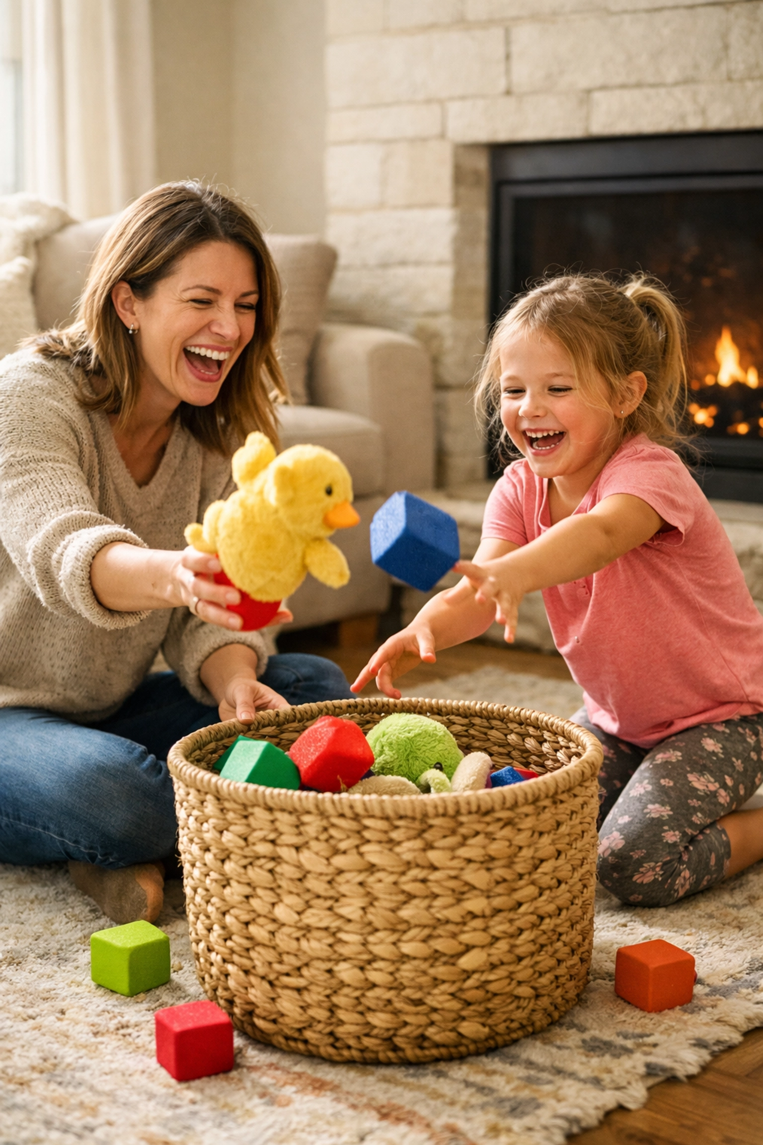 Mother and daughter tidying a living room during a 10-minute reset to build home organization habits.