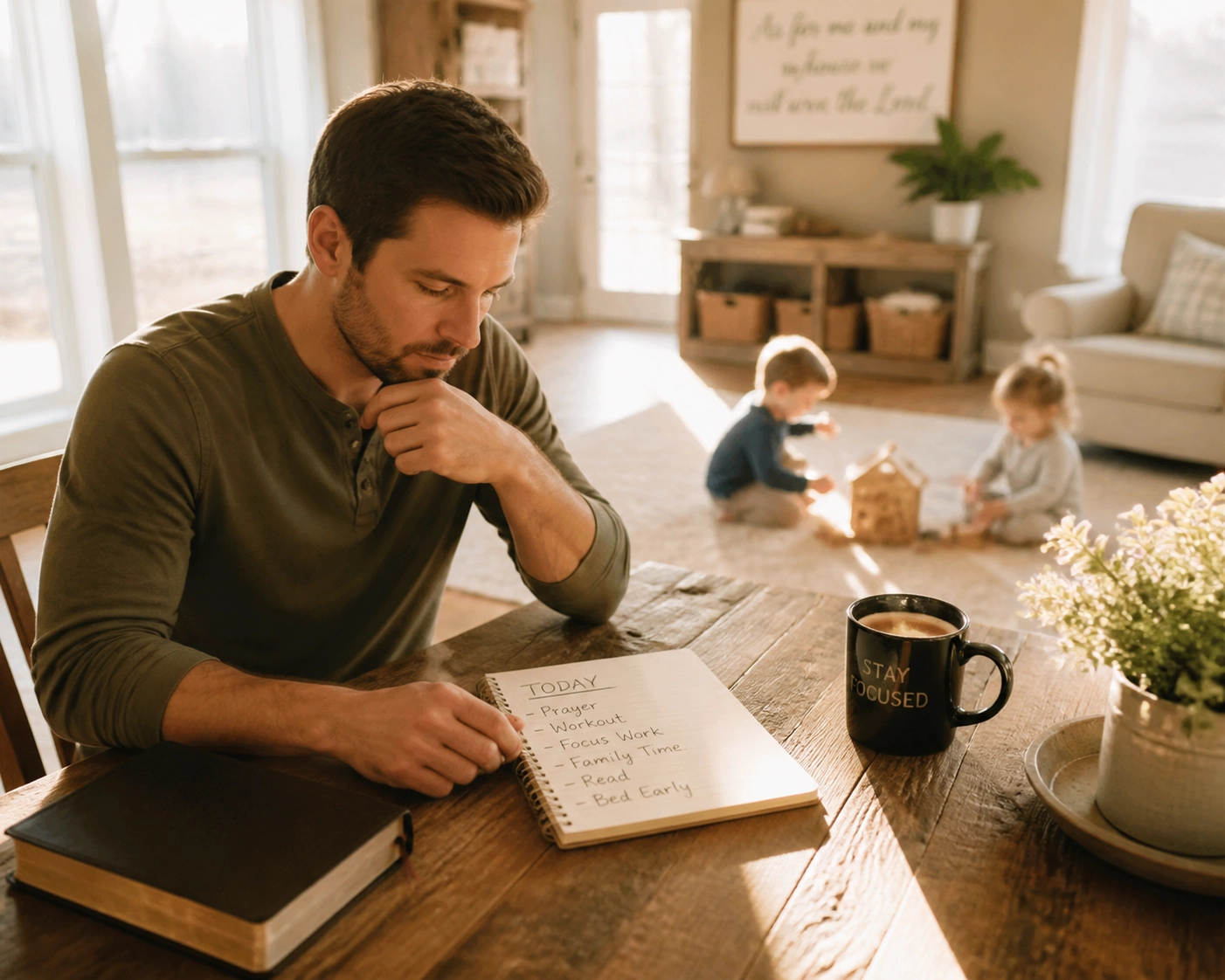 A father planning his family's goals thoughtfully, illustrating the first steps of intentional parenting.
