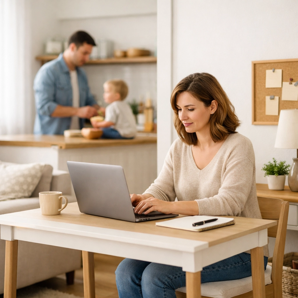 Mother at home desk using remote work tips to manage her side hustle while her family is nearby.