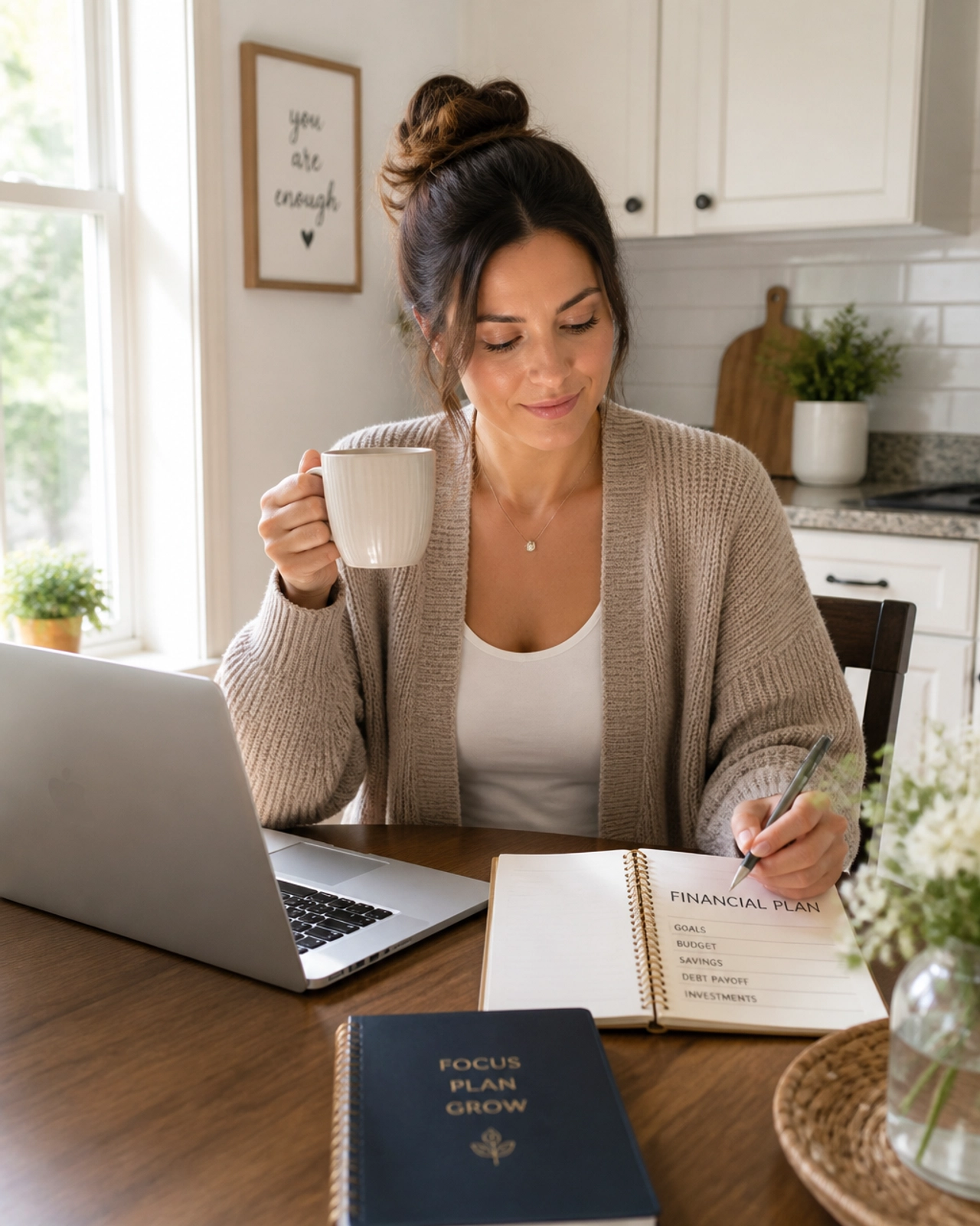 A woman confidently managing her finances