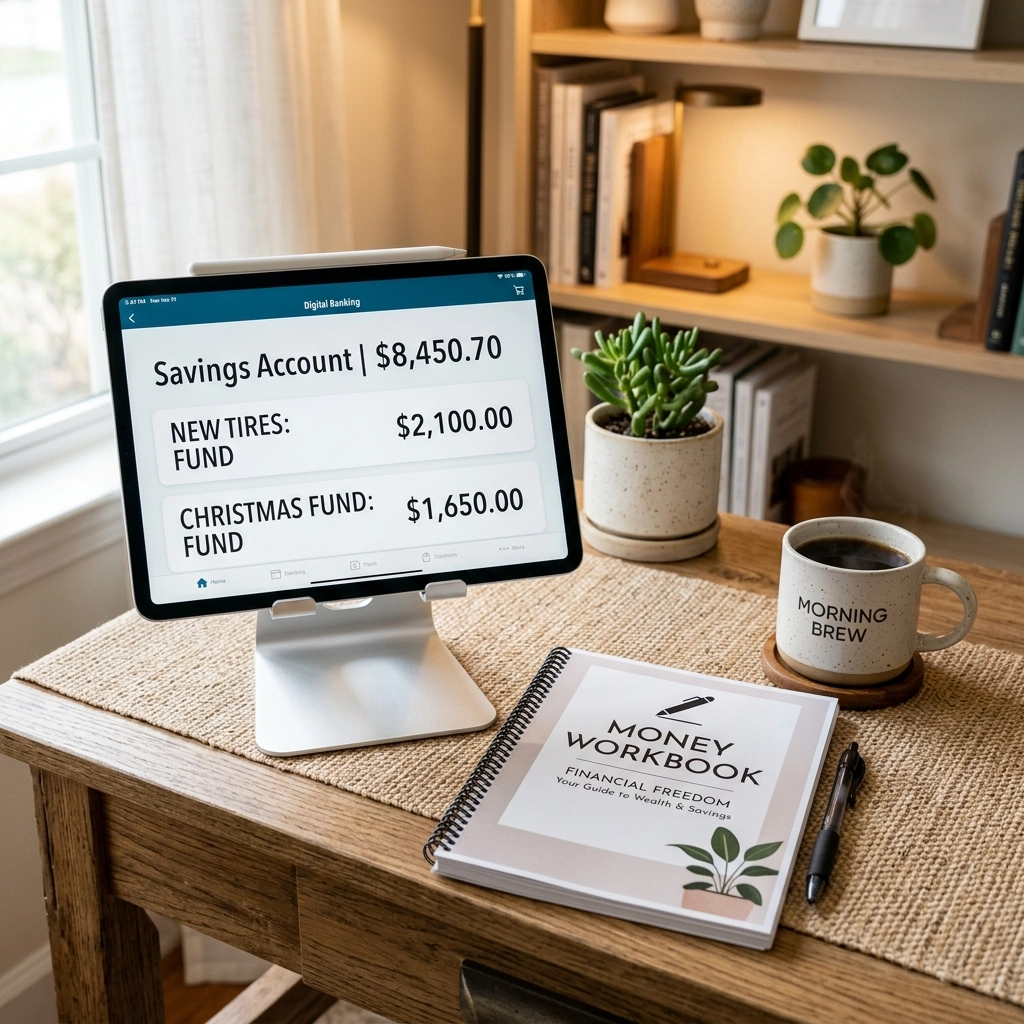 A home office desk with a digital tablet showing 'New Tires' and 'Christmas Fund' balances next to a money workbook.