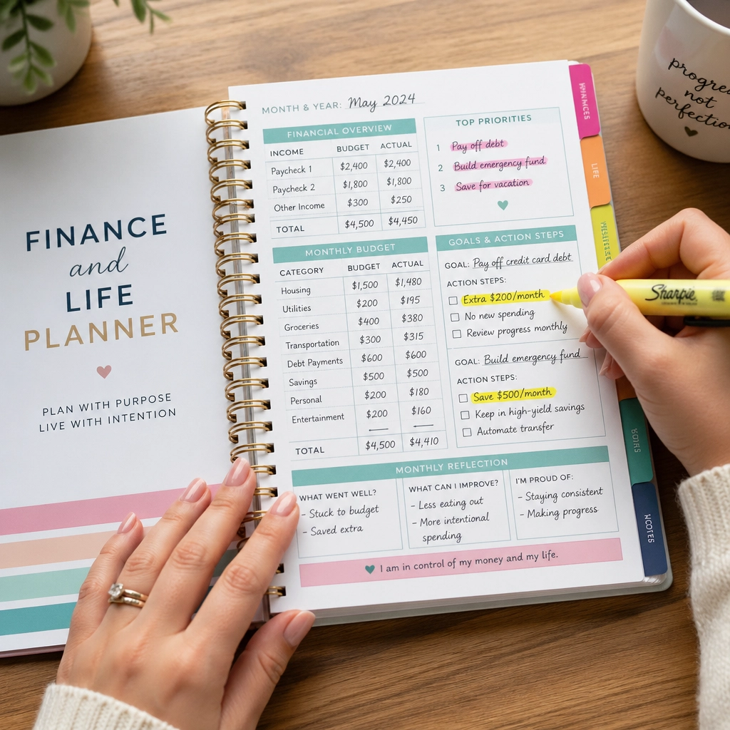 Hands using a finance and life planner