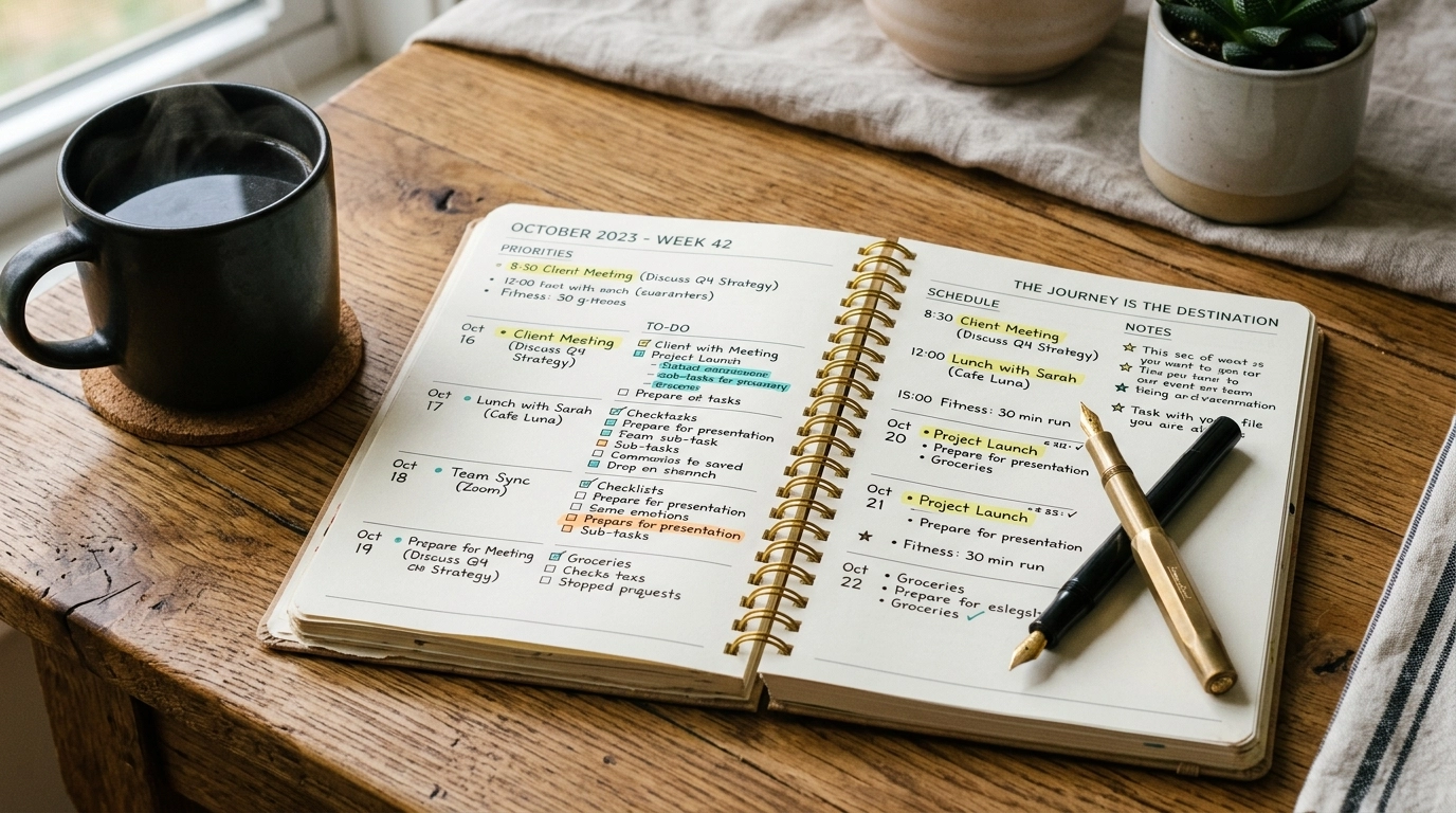 A beautiful planner and coffee on a wooden desk