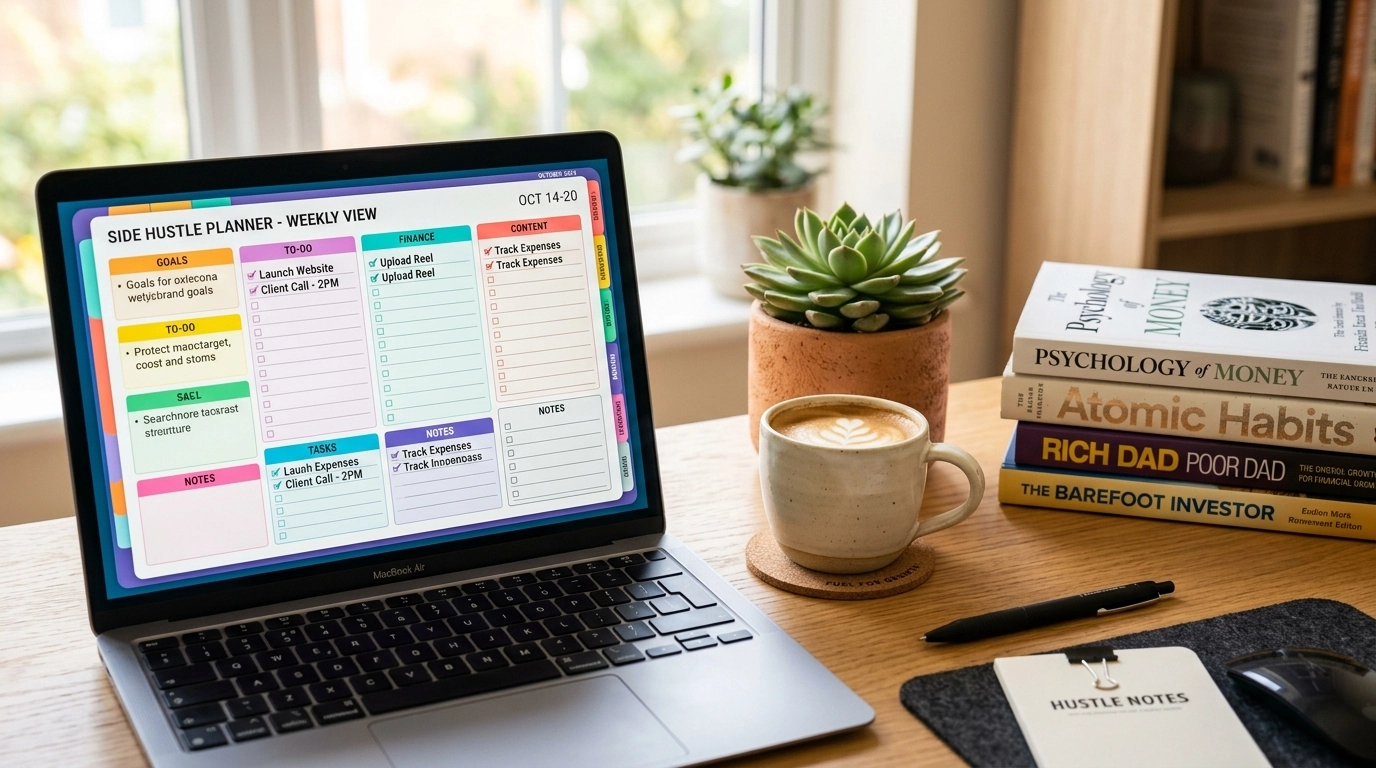 Tools of the digital side hustle trade on a clean desk