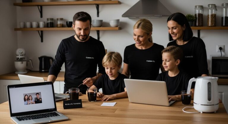 A family of five, all wearing black shirts, gathers in a modern kitchen with laptops, a kettle, and drinks. Two adults and three children smile and interact, while a laptop displays a video call or photo of another family.