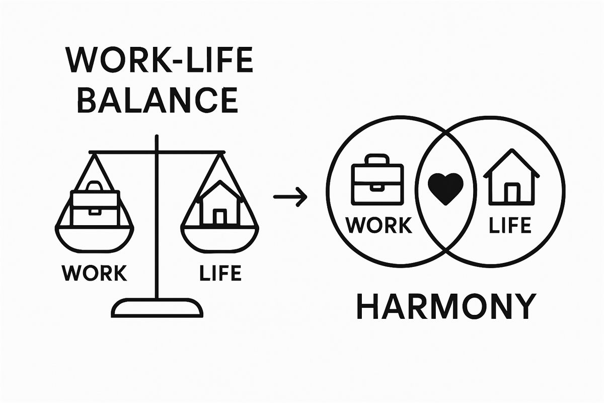 Comparison of work-life balance versus work-life harmony using icons and simple diagrams.