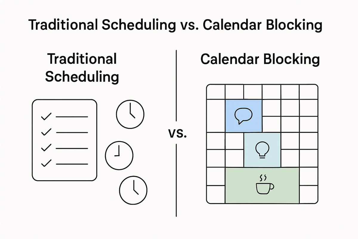 Infographic comparing traditional scheduling vs. calendar blocking with icons and colored blocks