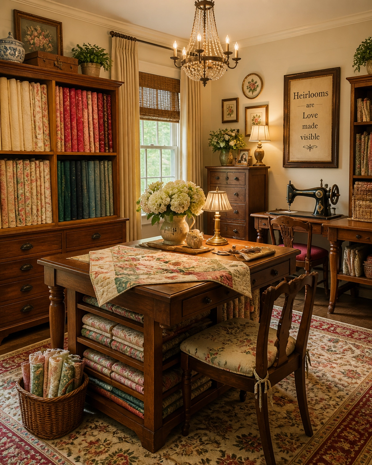 A cozy and organized heirloom craft room with antique wooden furniture, rolls of colorful fabric, and a vintage sewing machine