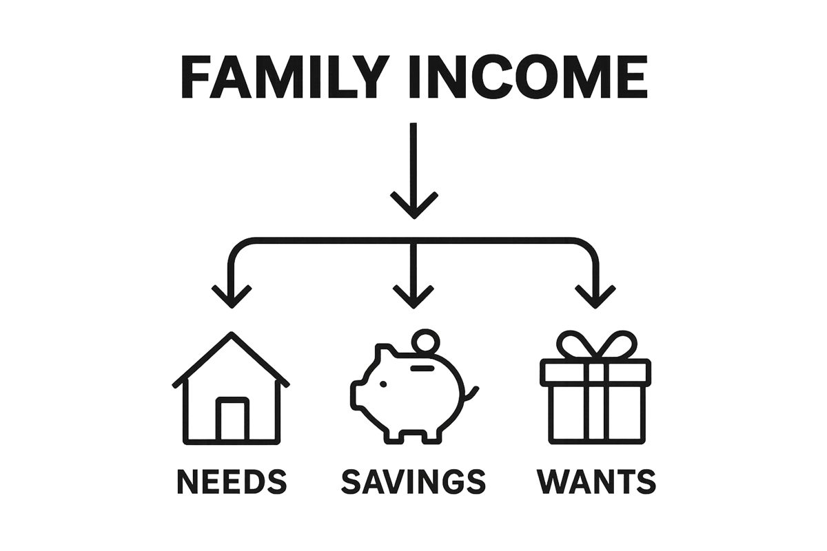 Infographic of family income divided into needs, savings, and wants.
