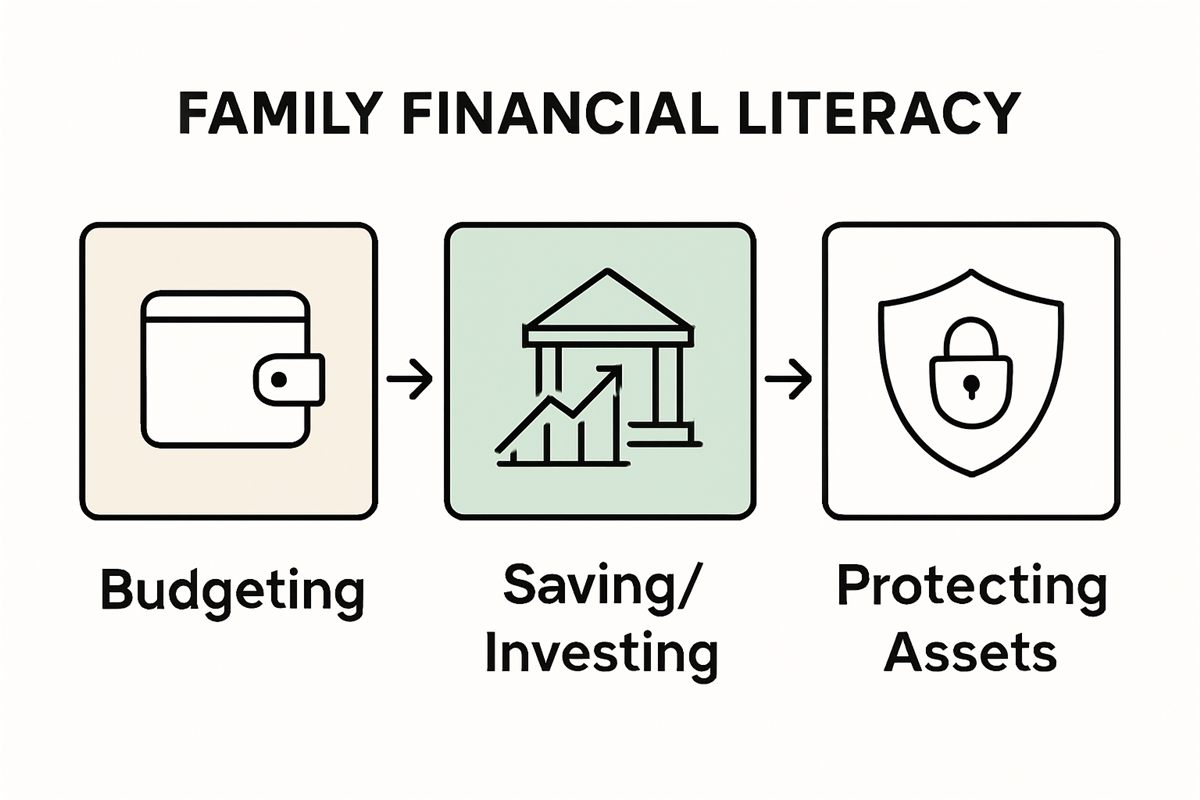 Three core family financial literacy categories illustrated with icons