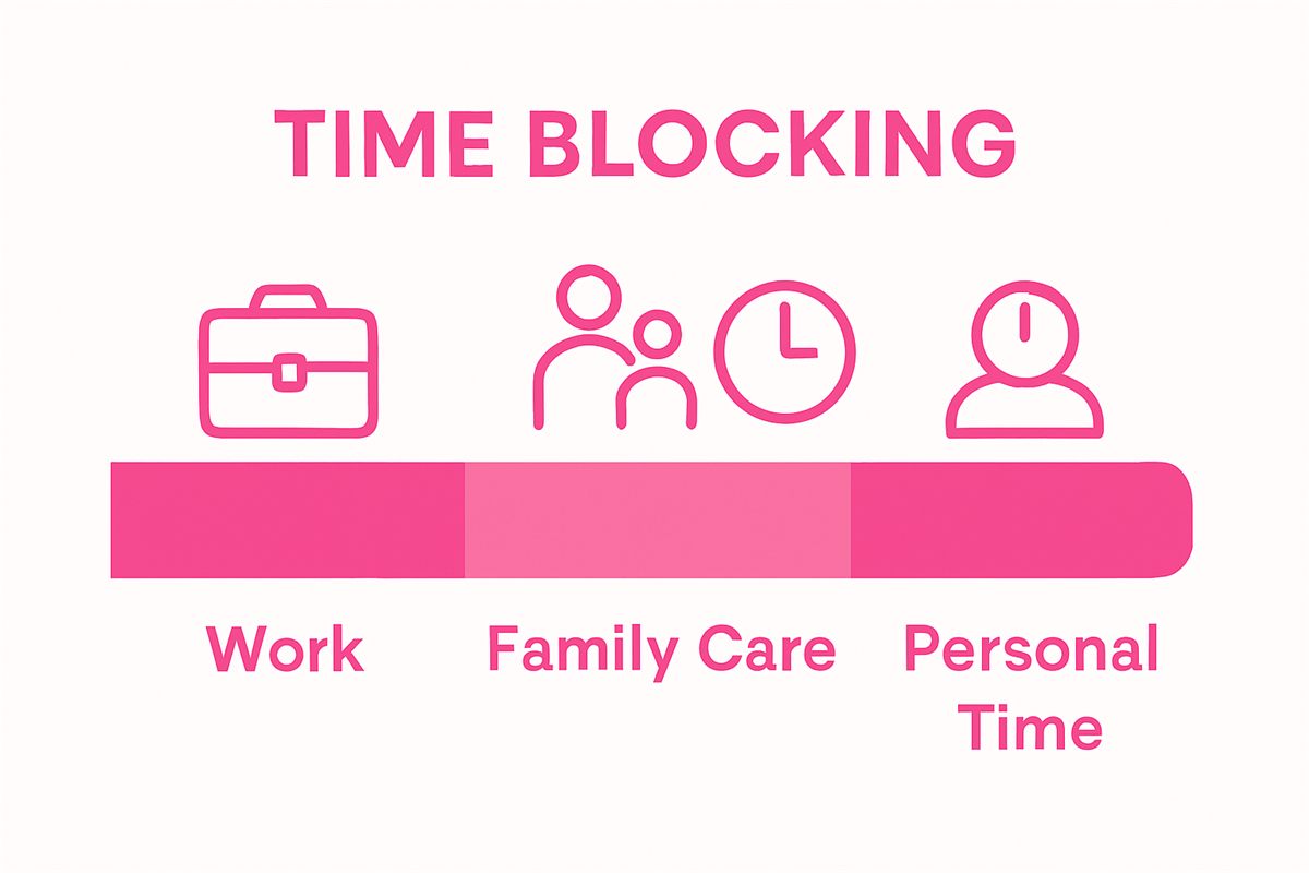 Infographic comparing daily time blocks for work, family, and personal care.