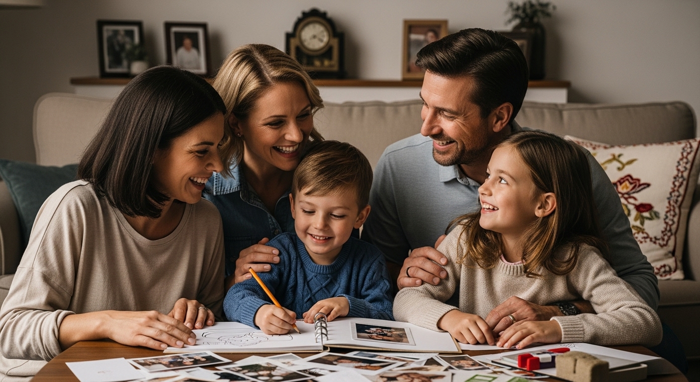 family making scrapbook