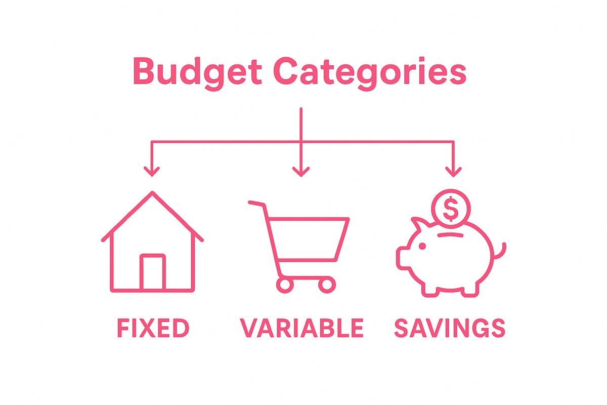 Infographic showing fixed, variable, and savings budget categories with icons