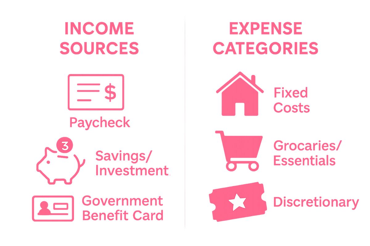 Infographic showing income and expense categories for a family budget