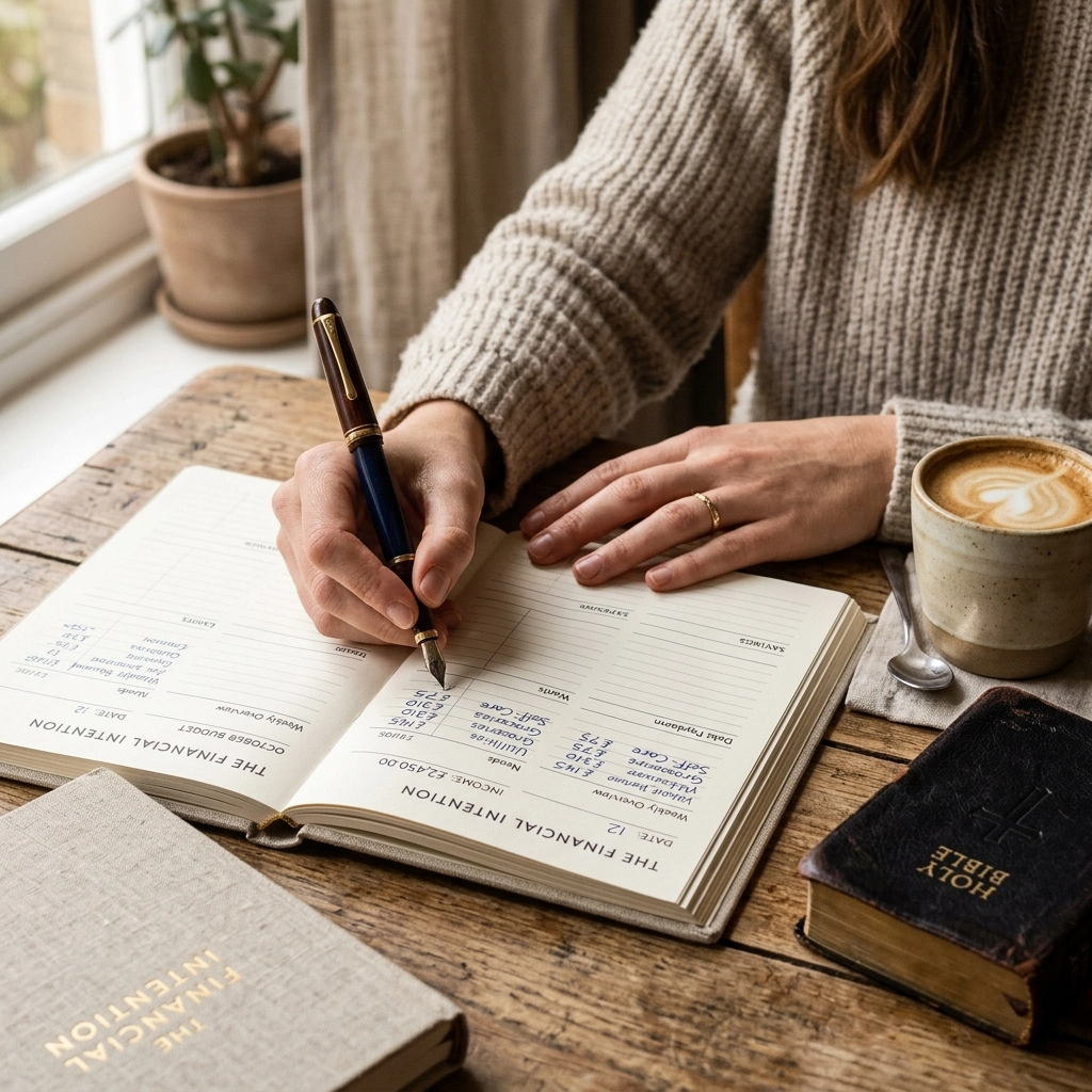 A close-up of a mother writing in a physical financial planner with a cup of coffee and a Bible nearby.