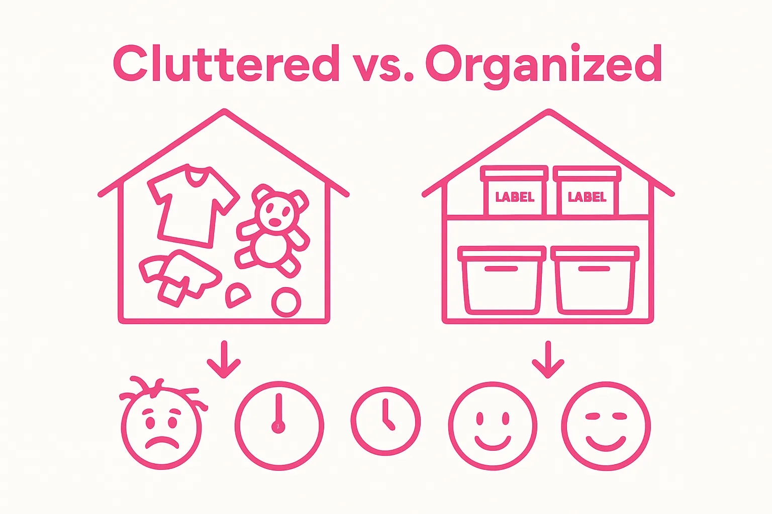Side-by-side graphic comparing cluttered and organized home benefits