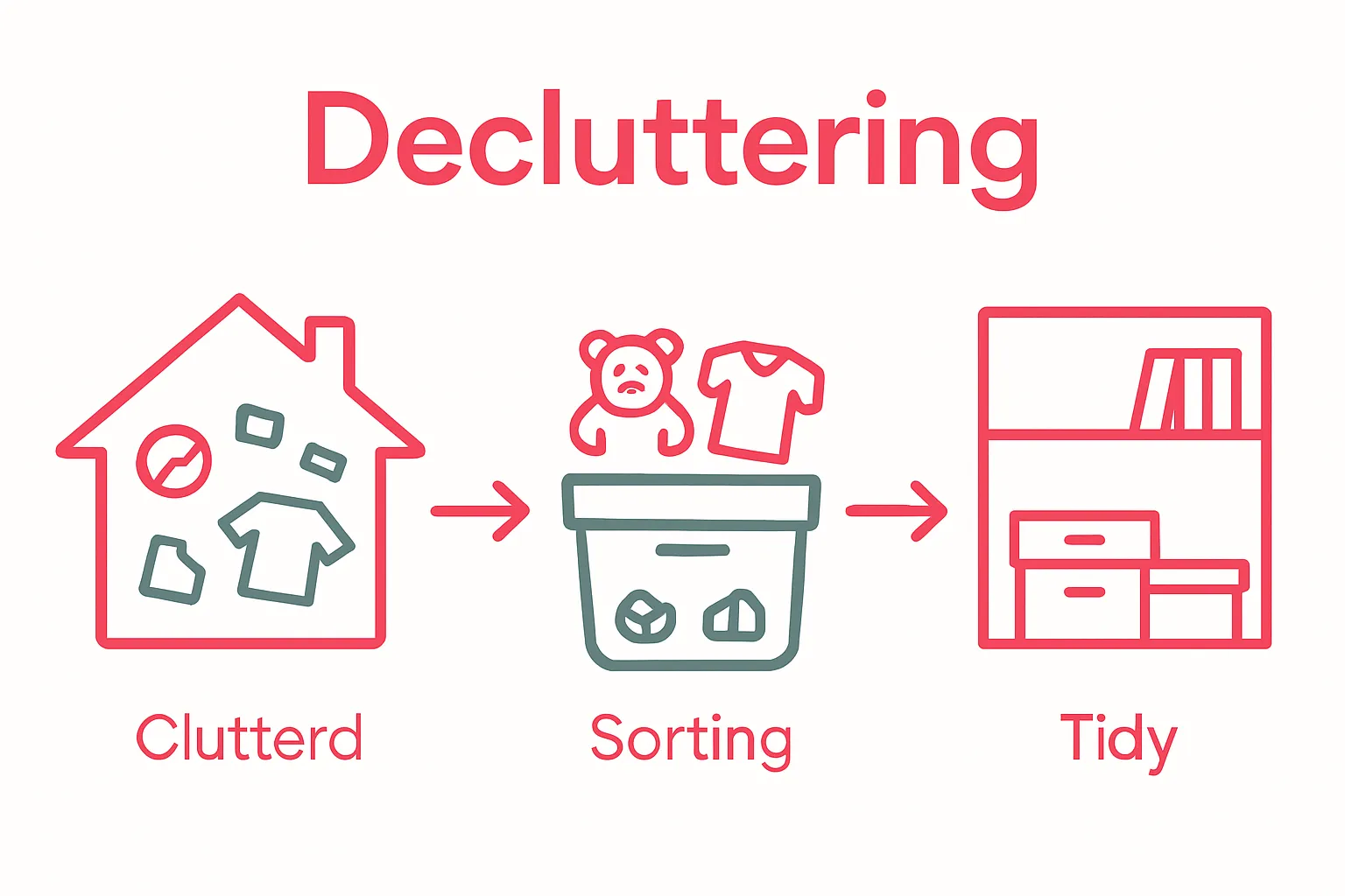 Simple decluttering process infographic with 3 steps and arrows