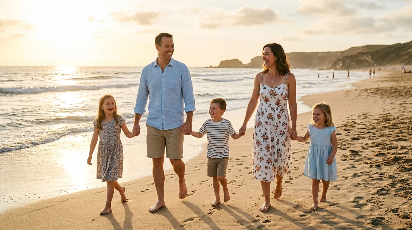 A happy family enjoying a beach vacation together, representing the reward of financial planning.