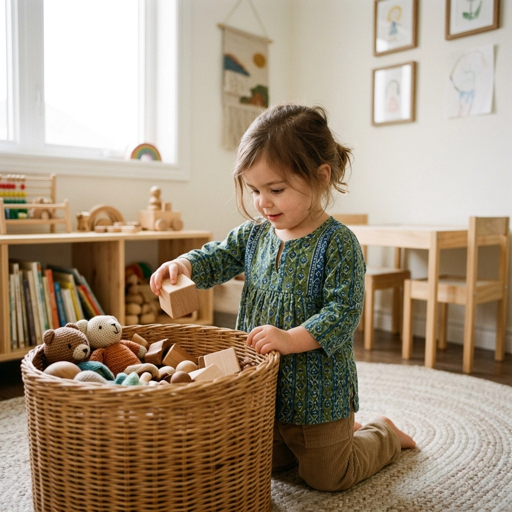 A young child proudly putting a toy block into a storage bin.