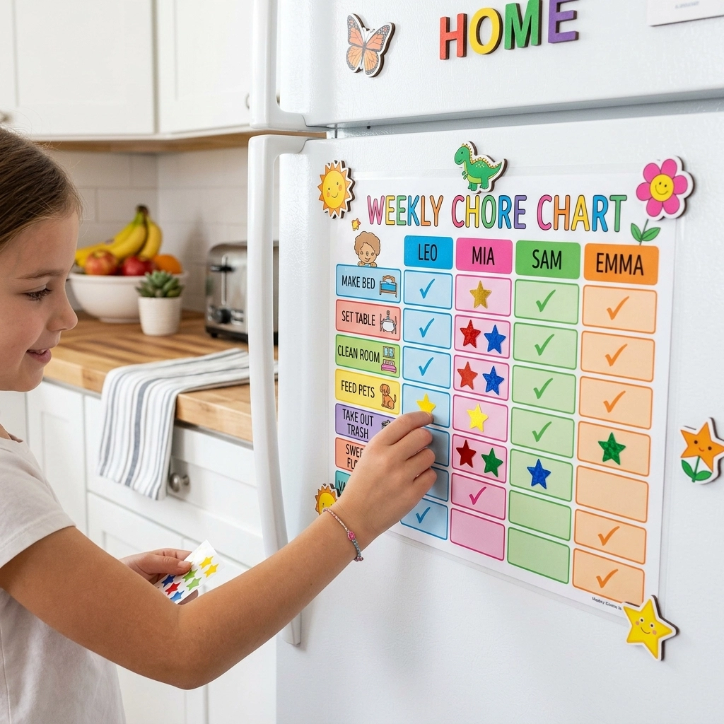 A colorful chore chart on a refrigerator with a child's hand adding a star sticker.