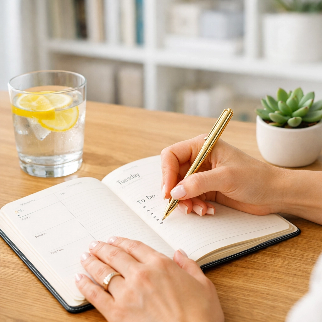 Woman using a planner and time management tips to organize her balanced life and productivity.