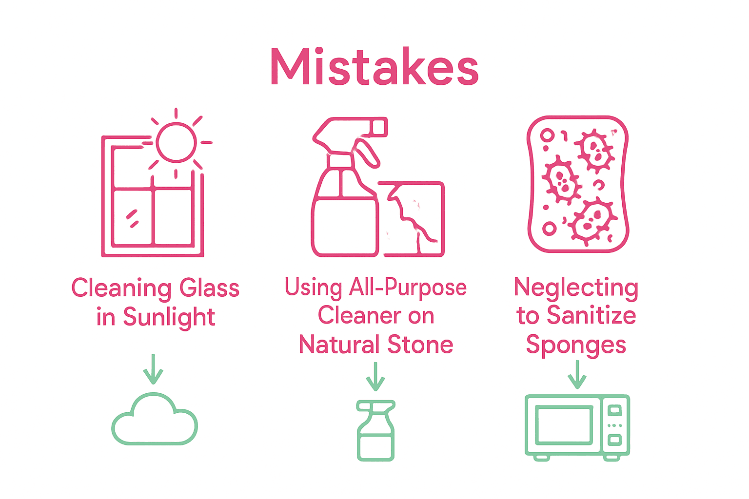 Icons showing common cleaning mistakes and correct alternatives