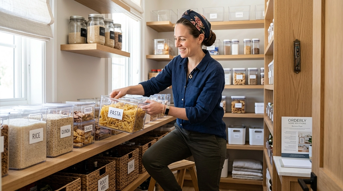 Professional organizer creating order in a home pantry