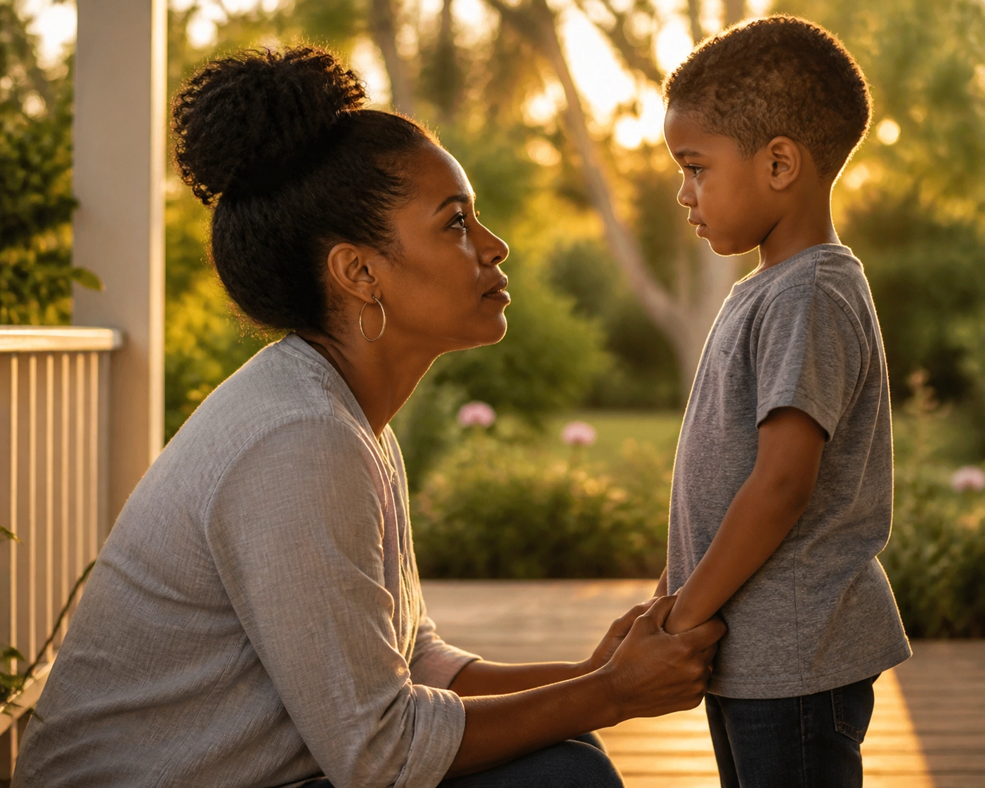 A mother connecting with her son to practice intentional parenting and build a purposeful family life.