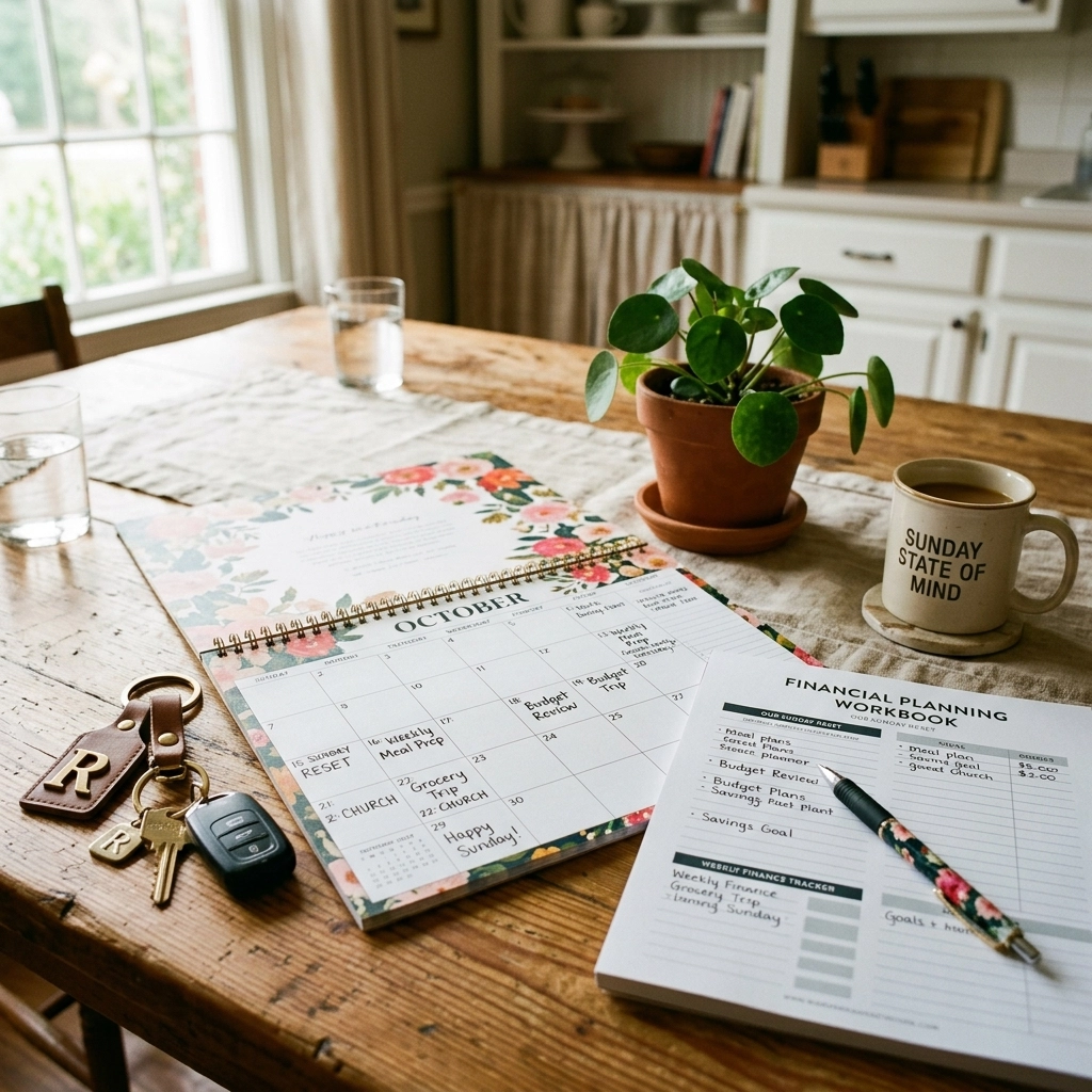 Planning tools and a calendar on a kitchen table, ready for a weekly reset.