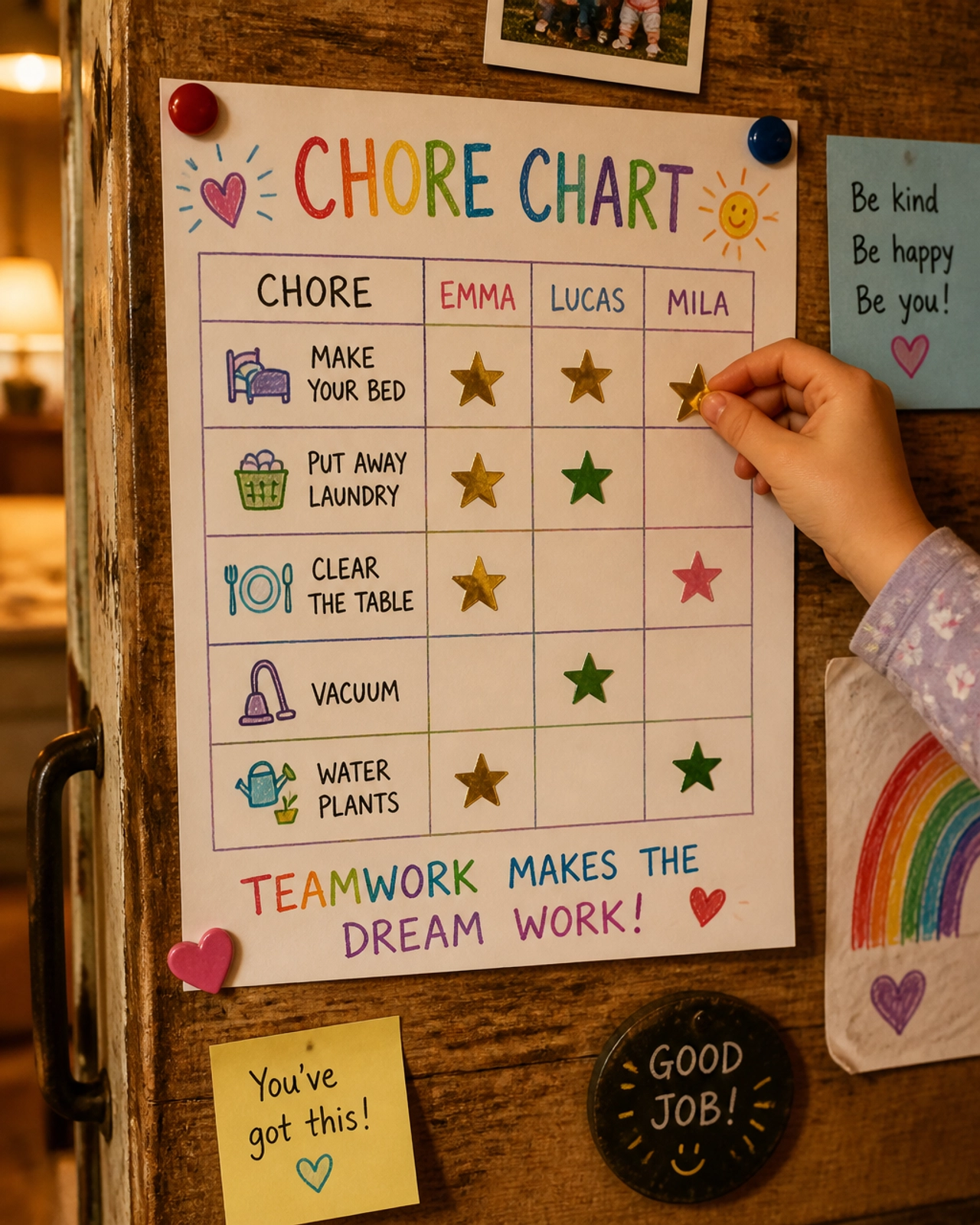 A child placing a star on a chore chart