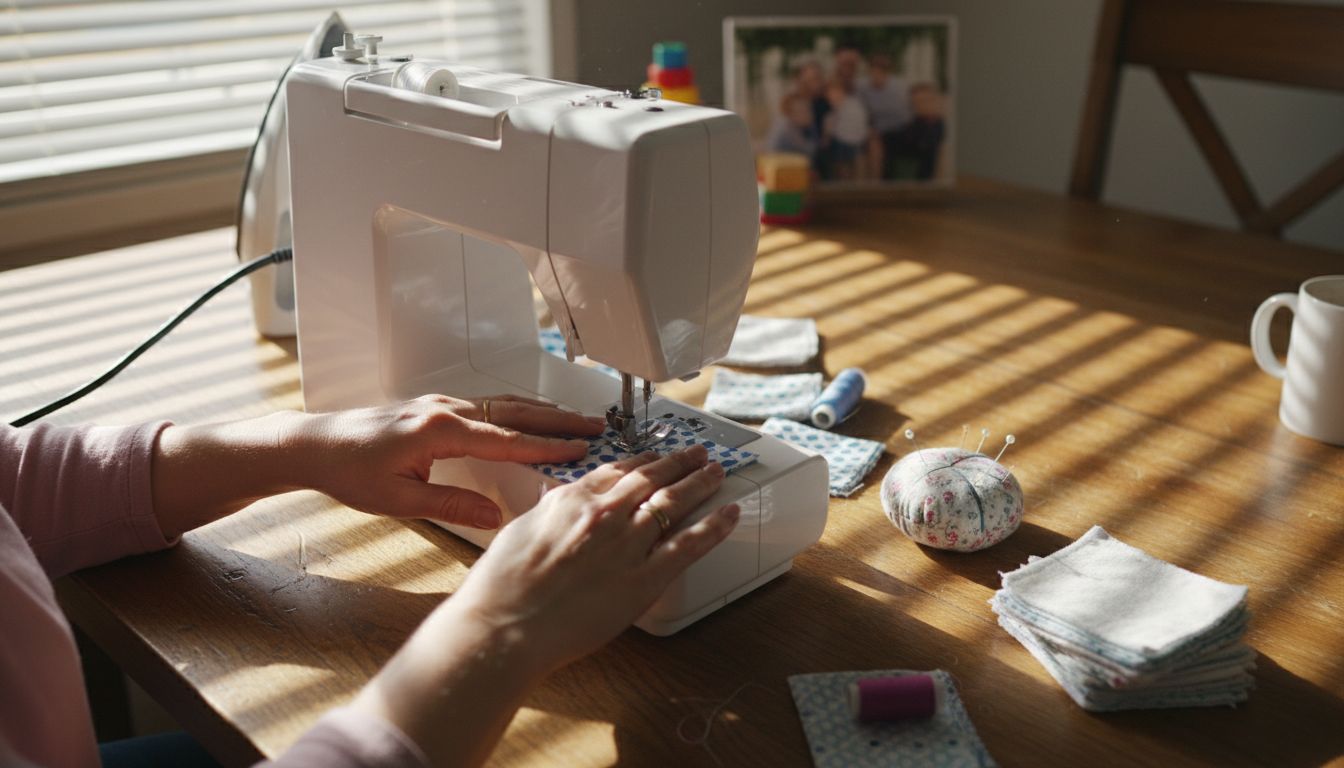 Hands sewing small cotton makeup wipes