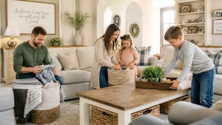 A family of four smiles while tidying their cozy living room together, placing items in baskets and organizing a wooden coffee table, surrounded by soft, light-colored decor.